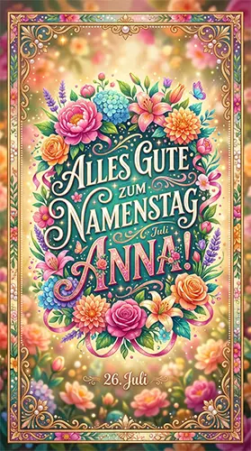 Farbenfrohe digitale Glückwunschkarte zum Namenstag von Anna am 26. Juli, verziert mit einem üppigen Blumenkranz und einem eleganten goldenen Rahmen.