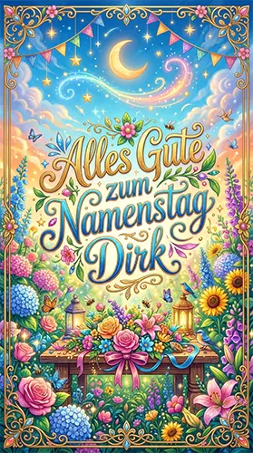 Farbenfrohe digitale Kunst als vertikale Glückwunschkarte mit der Aufschrift 'Alles Gute zum Namenstag Dirk' in eleganter Kalligrafie. Das Bild ist von einem feinen goldenen Zierrahmen umgeben. Im Hintergrund ist ein zauberhafter Garten voller bunter Blumen, Schmetterlinge und Vögel zu sehen. Oben glänzt ein magischer Himmel mit Mondsichel, Sternen und bunten Wimpeln. Keine Personen abgebildet.